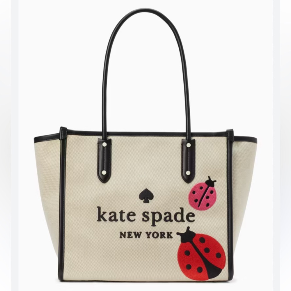 Kate Spade Ella Dottie Ladybug Large Embroidered Tote KA639 Beige / Black - GUC